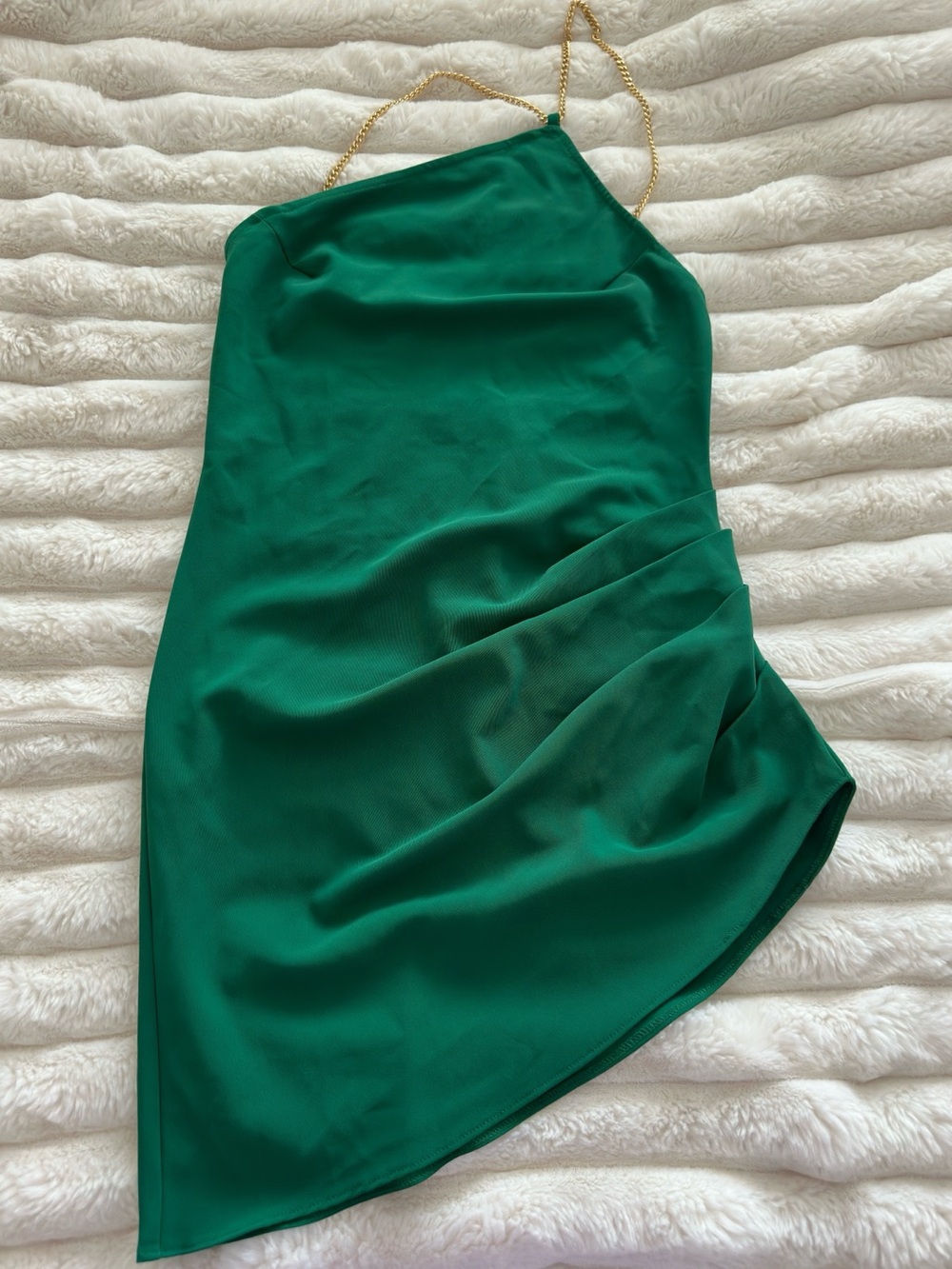 Olivaceous Emerald Green Asymmetrical Slip Dress with Gold Chain Straps